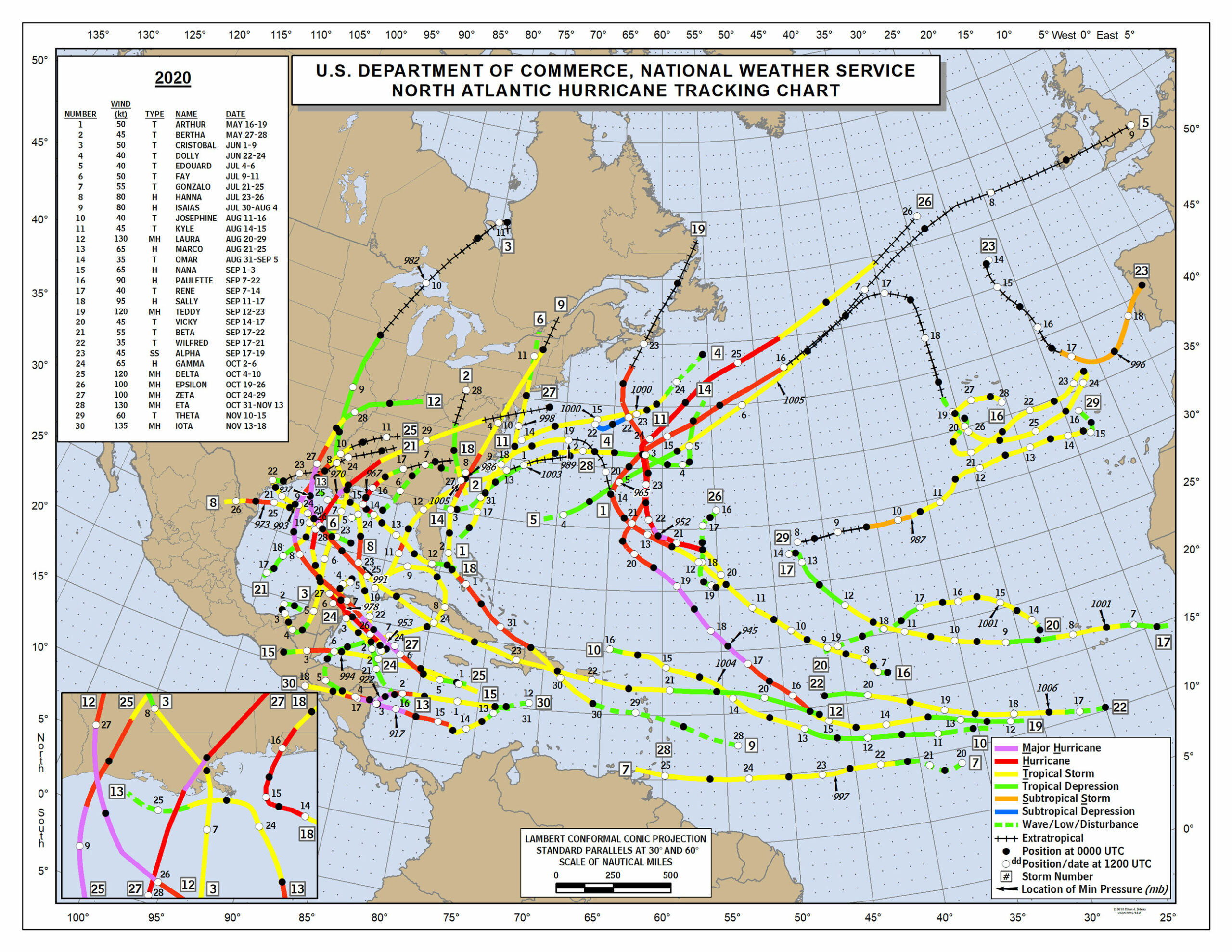 Noms et trajectoire des cyclones de la saison cyclonique 2020